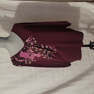 ELLE, Burgundy Blouse with Pink Flowers, Size: XL